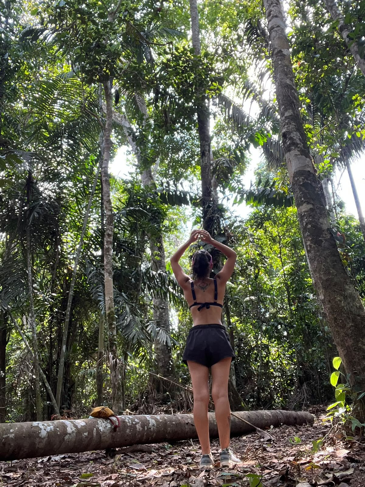 Rachel praticando yoga na floresta